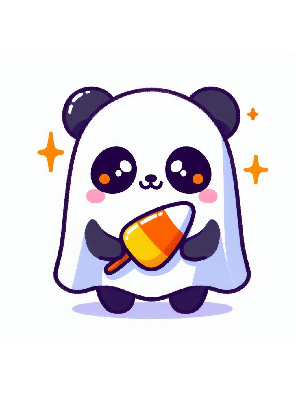 halloween cute animals drawings, featuring a charming panda draped in a ghostly sheet, holding a candy that glows warmly.